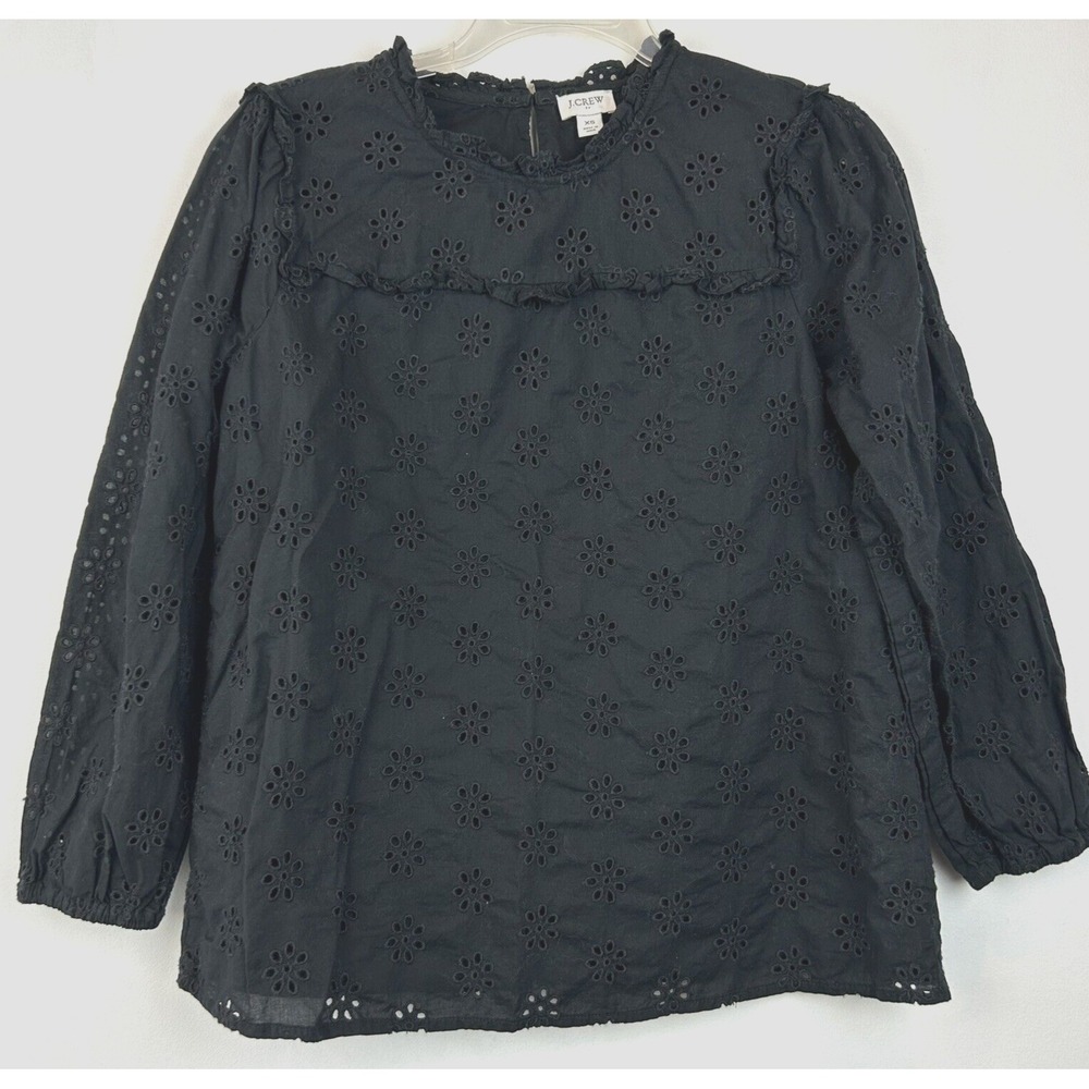 J Crew Top Womans XS Black Eyelet Long Sleeves Ruffle Blouse Whimsigoth Lined